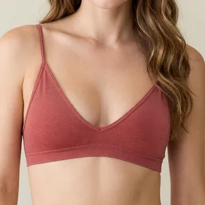 Women's Seamless Ribbed Sports Bra Thin Straps Wire-Free V-Neck Padded Yoga Bralette Comfortable Everyday Crop Top
