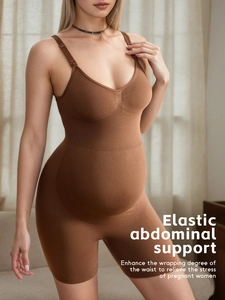 Brown maternity bodysuit featuring side view of supportive belly panel and seamless knit