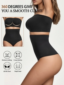Detailed view of seamless black bandeau bra and high waist body shaping underwear set