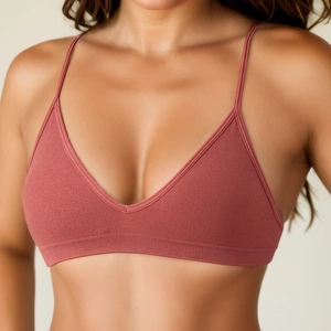 Seamless ribbed yoga sports bra with thin straps and V-neck in brick red color