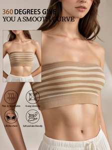 Detail view showing thin breathable striped fabric and 4-way stretchy material of the bra