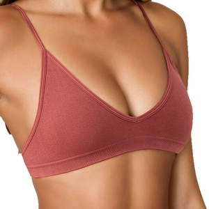 Seamless ribbed yoga sports bra in dark brick red with thin straps and V-neck design