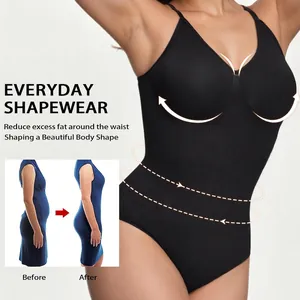 Women Seamless Shapewear Bodysuit Tummy Control Slimming Body Shaper V Neck Spaghetti Strap Thong Underwear Black