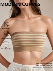 Detail of khaki striped seamless tube top showing ribbed fabric and stretch texture