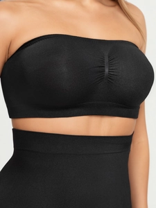 Close-up of black seamless strapless tube top and high-waist shaping underwear set