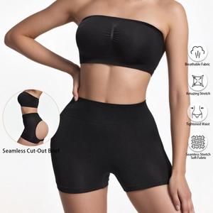 Seamless black tube top and high waist lift shorts set with breathable stretch fabric