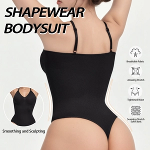 Seamless black bodysuit shapewear with adjustable straps and breathable high-stretch fabric