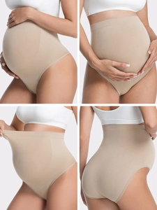 Detailed four-way view of seamless high-waist maternity support briefs in beige nude color