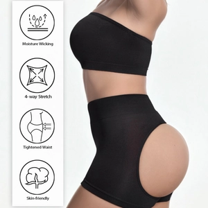 Two-piece black seamless shapewear set with bandeau top and high-waist lifting shorts