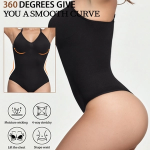 Seamless black shapewear bodysuit for women with V-neck and 360-degree waist control