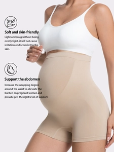 Macro detail of seamless maternity support shorts showing nude belly band fabric texture