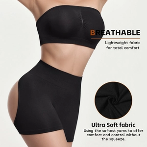 Women's black seamless tube top and high waist shaping shorts with rear lift cutout