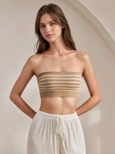 Close-up detail of the striped seamless tube top in a brown and beige retro knit style