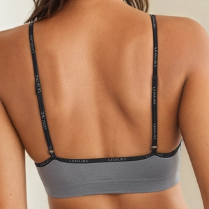 Grey twist-back French triangle bralette with LEISURE straps for women's low back wear