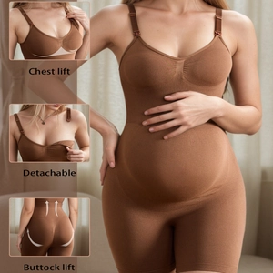 Brown maternity shapewear bodysuit with chest lift, buttock lift, and detachable straps