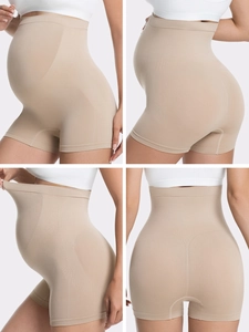 Detail of high-waisted maternity support briefs with seamless elastic knit fabric