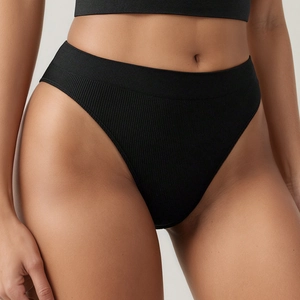 Perizoma da donna nero a coste senza cuciture con elastico in vita e taglio sportivo alto