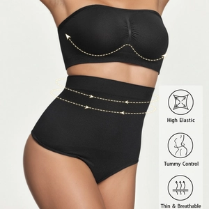 Women's black seamless tummy control shapewear set with bandeau top and thong
