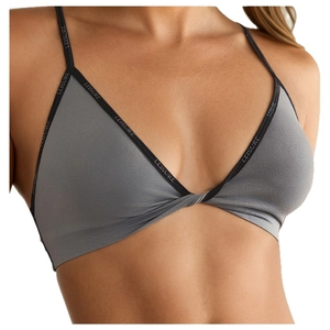Grey twist-front triangle bralette with LEISURE logo straps and seamless knit texture