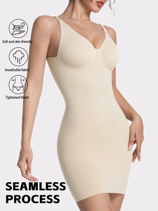Seamless beige shapewear dress with V-neck and compression fabric for tummy control