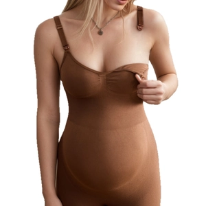 Brown maternity shapewear bodysuit with convenient nursing clips and adjustable straps