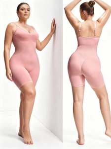 Vue détaillée arrière et latérale du body rose sans couture montrant l'effet sculptant