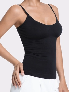Detail showing the seamless knit texture and slim-fit elastic fabric of the black tank top