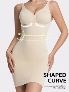 Close-up of seamless shaping dress with built-in cups and targeted waist compression