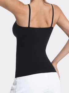 Rear view of black slimming camisole showing snug fit and seamless knit fabric detail