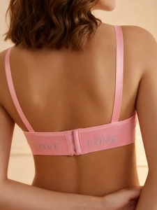 Pink wireless maternity bra with LOVE letters and back buckle for breastfeeding comfort