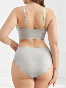 Rear view of grey seamless lounge bra and high waist panties with Leisure logo band