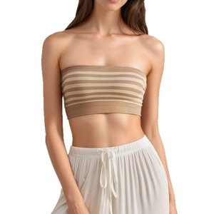 Seamless strapless tube top with earth-tone stripes and white pleated pants for women