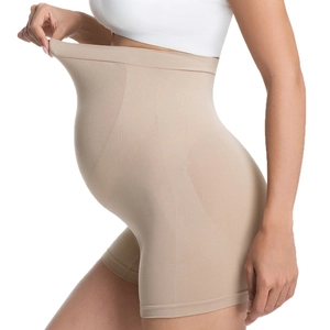 High-waisted seamless maternity belly support briefs in nude for comfortable pregnancy wear