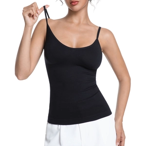 Women's black seamless ribbed slimming camisole with thin straps and body shaping fit