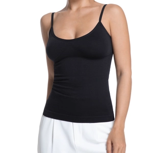 Black slimming camisole for women featuring thin straps and vertical knit texture