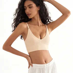 Bralette Sans Armatures Côtelée Col en V Femmes Bretelles Réglables Yoga Fitness Sport Confort Sous-Vêtements Lingerie Top