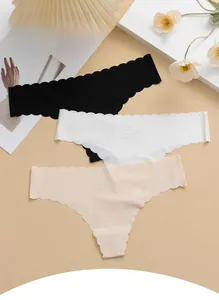 Three-pack of seamless ice silk panties in black, white and beige with wavy edges