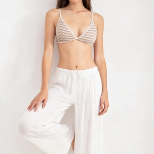 French style wireless striped triangle bralette set with elegant wide leg white trousers