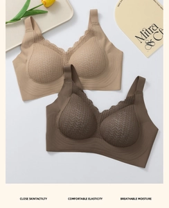 Dettaglio reggiseni senza cuciture in pizzo beige e caffè con trama a onde e spalline