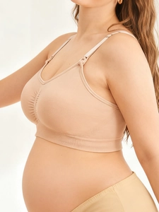 Side view of seamless maternity nursing bra in nude color with supportive wide wings