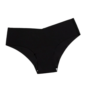Detail of black seamless ice silk panties with laser-cut edges and V-shaped waist