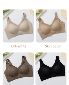 Dettaglio di reggiseni in pizzo senza cuciture in bianco, nudo, marrone e nero