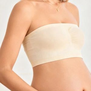 Seamless strapless nursing bra in beige with supportive gather and high elasticity