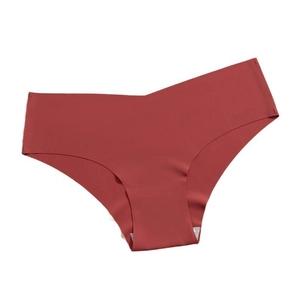 Detail view of seamless brick red ice silk panties with V-shaped waist and laser cut edges