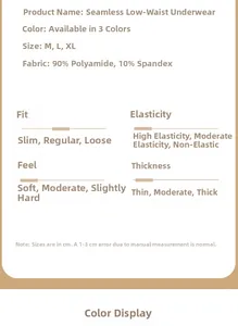 Detail view of the seamless underwear size chart and fabric composition specifications