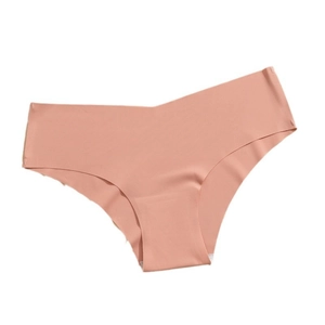 Detail of seamless salmon pink panties featuring laser-cut edges and a V-shaped waistband