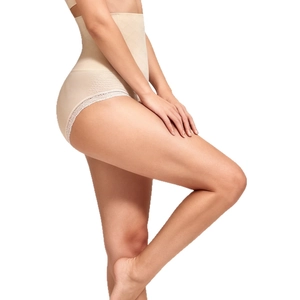 High-waisted shaping underwear in beige with supportive diamond weave and lace trim