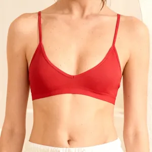 Damen Nahtloser BH Ohne Bügel Geripptes Bralette Dünner Träger V-Ausschnitt Minimalistische Atmungsaktive Schlafwäsche Top