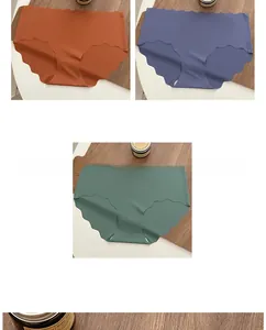 Three seamless ice silk panties with wave edges in brick red, blue-grey, and grey-green