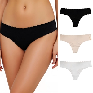 Women Seamless Ice Silk Thong Scalloped Edge Low Waist Ribbed Panties Breathable Quick Dry Sexy Lingerie Underwear